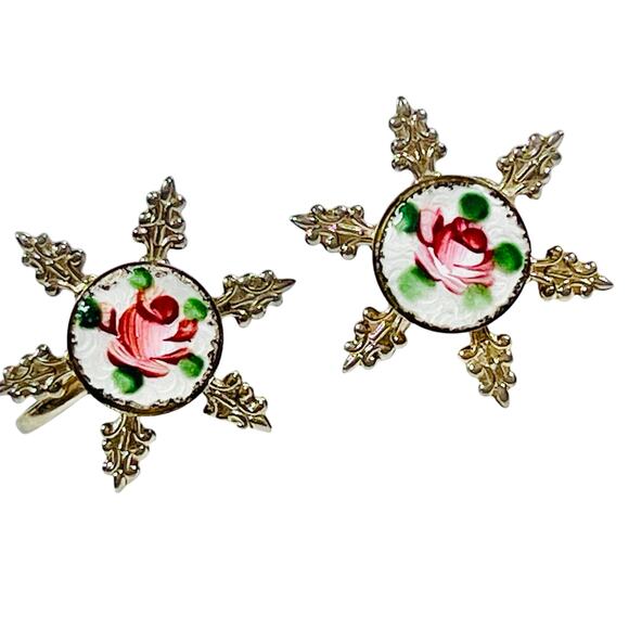 Vintage Guilloche Enamel Painted Roses Earrings Snowflake Gold Tone Non Pierce - Picture 1 of 6